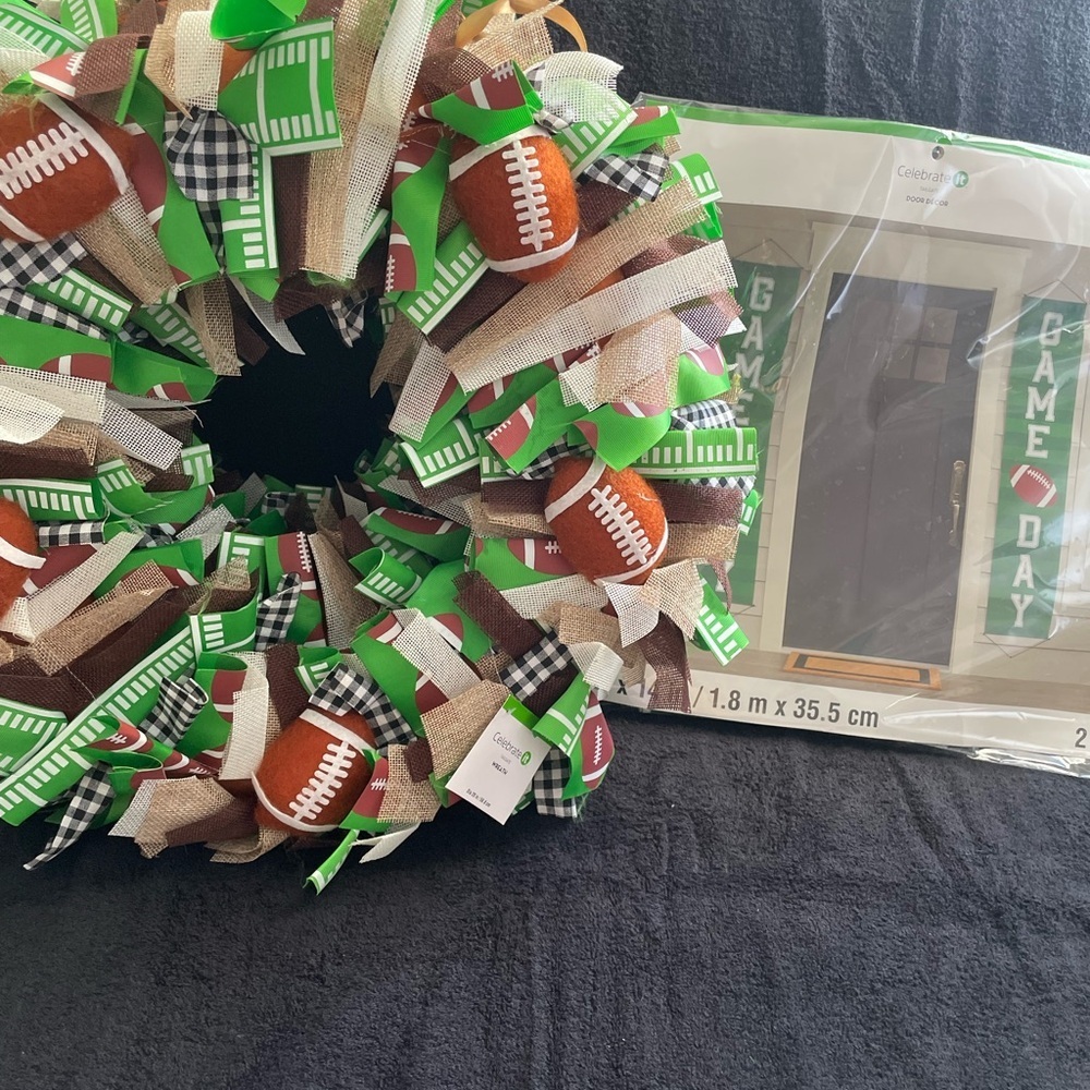 NWT 2 “Celebrate It” Football Themed Wreath & Door Decor Banners